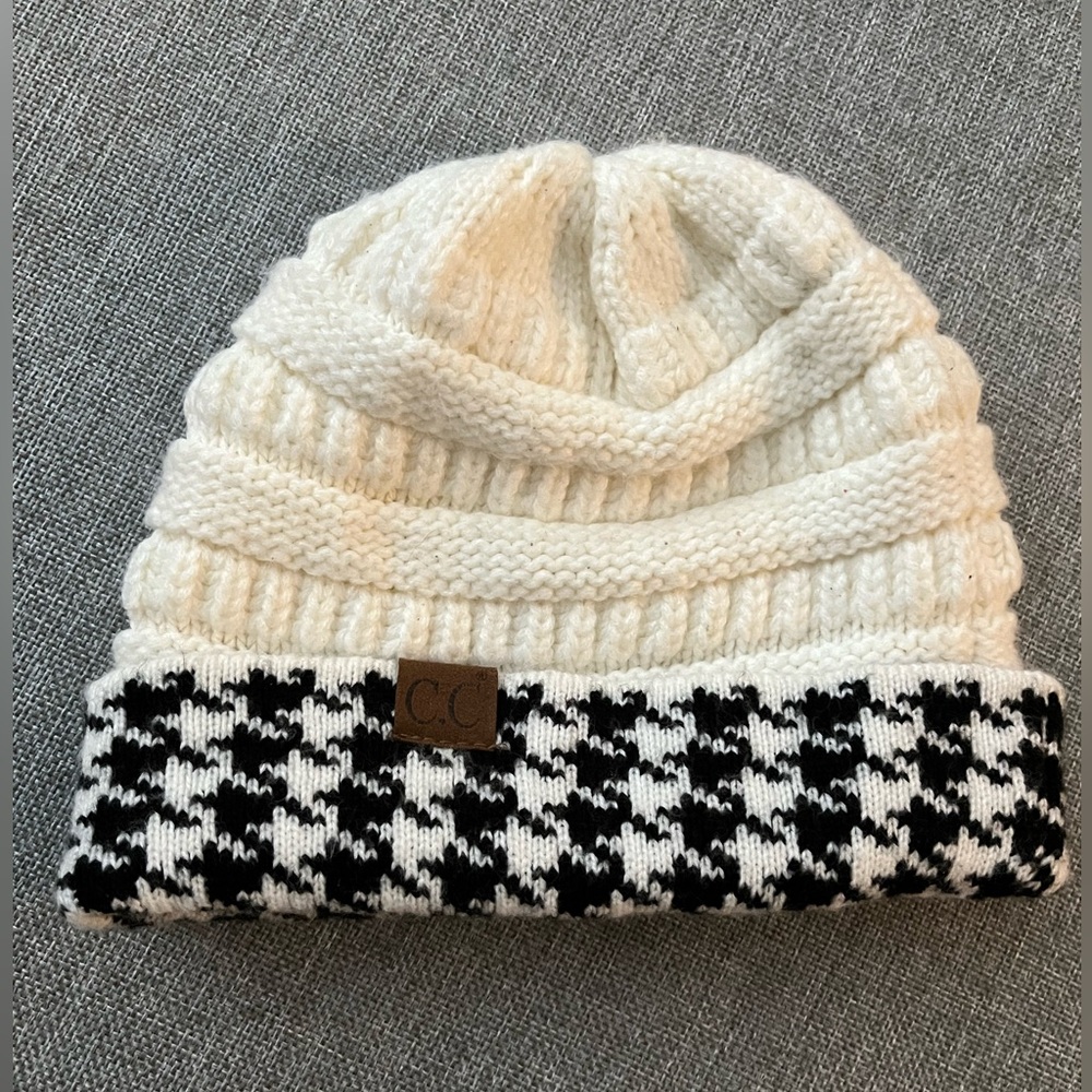 C.C. Knit hat. Black checkered and white